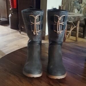 Chooka Womens Saddle Herringbone Black Winter Rain Boots with Lace Accent